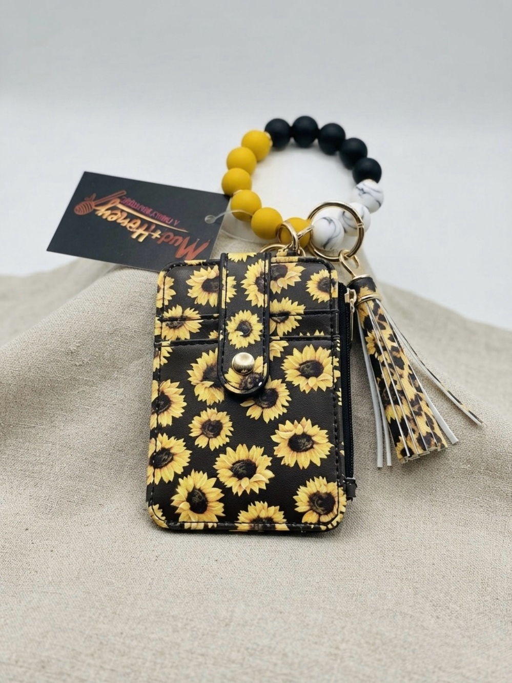 Sunflower Print Bangle Wristlet Key Ring